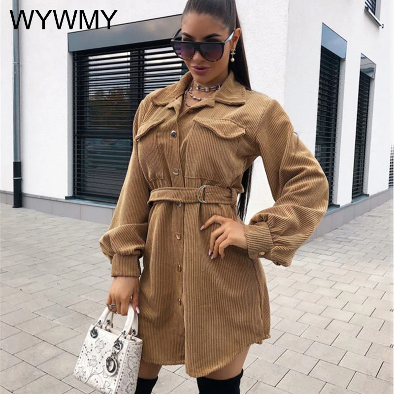 

WYWMY Winter Fashion Pockets Vintage Corduroy Long Sleeve Dress With Belt Long Sleeve Button Mini Dress Office Lady Street Wear
