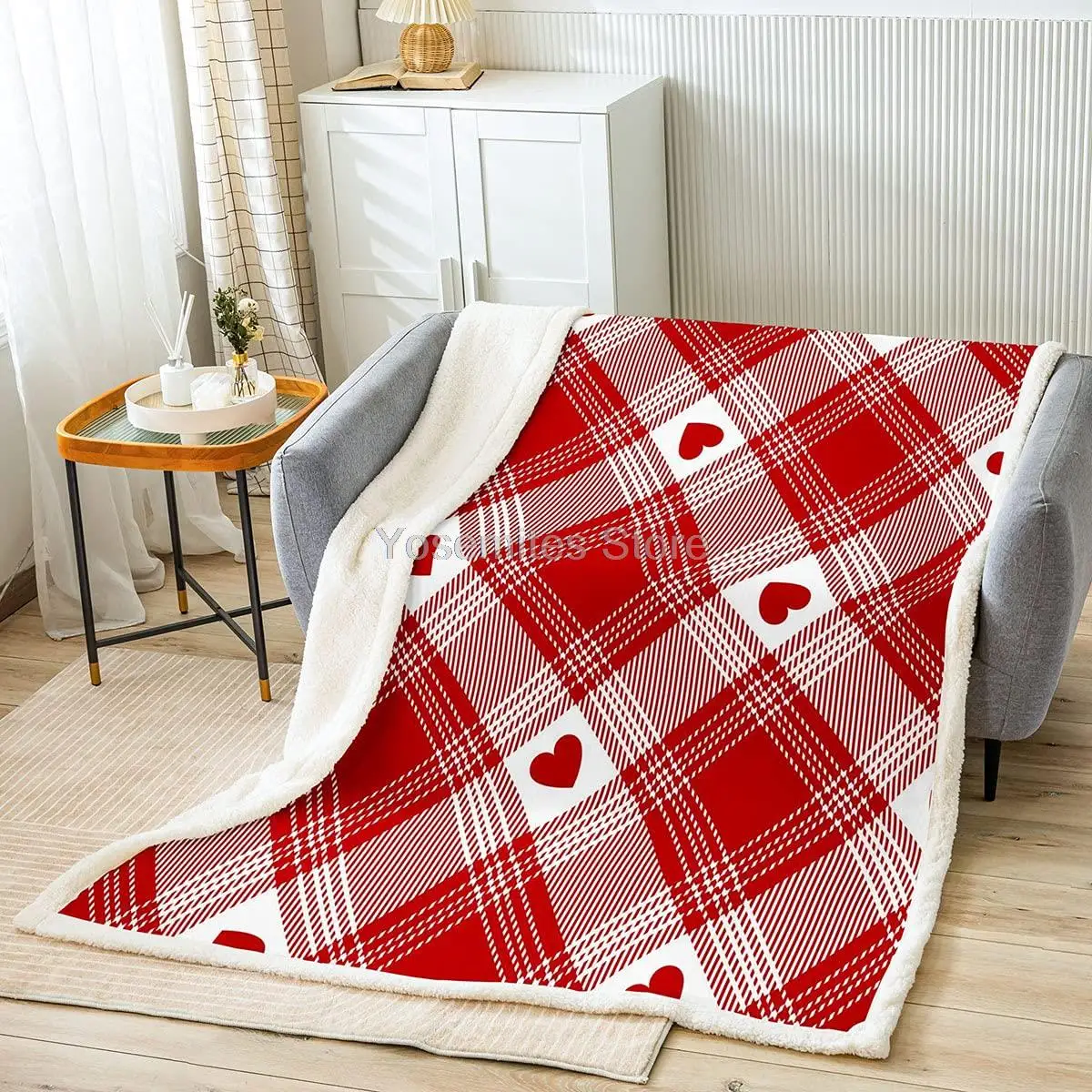 

Red Stripes Grid Fleece Throw Blanket Super Soft Cozy Red Heart Sherpa Blanket for Kids Women Adults Geometric Plaid Plush Blank