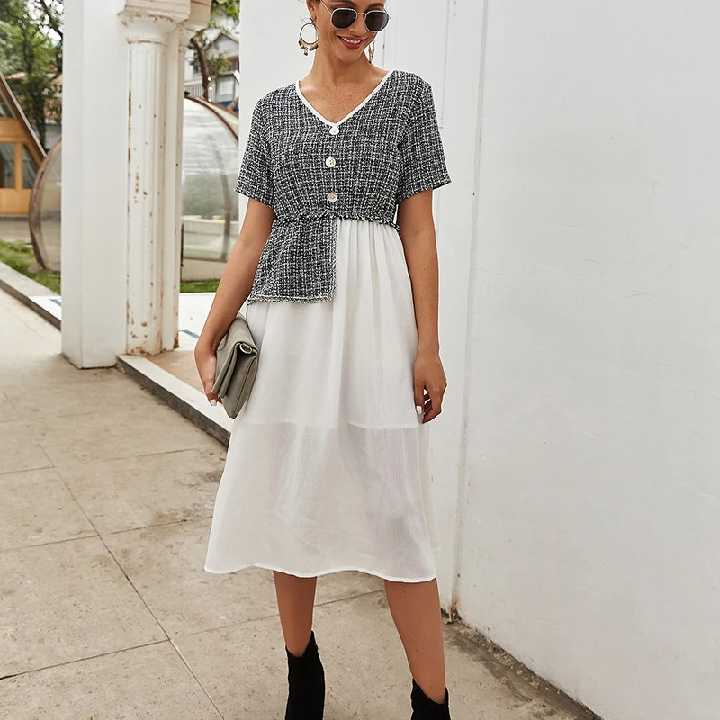 

Spring Summer Fashion Women Plaid Dress Asymmetric Buttons Short Sleeve V-Neck Stitching Dress Mid-Calf Commuter Clothing