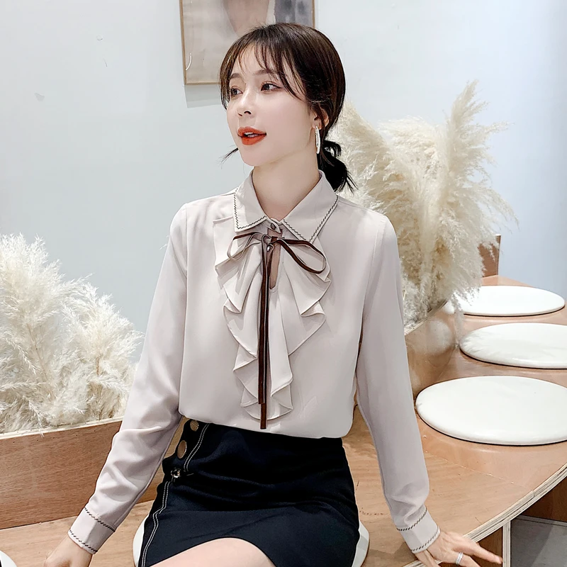 Корейские женские шифоновые блузки рубашки женская блузка с рюшами OL рубашка