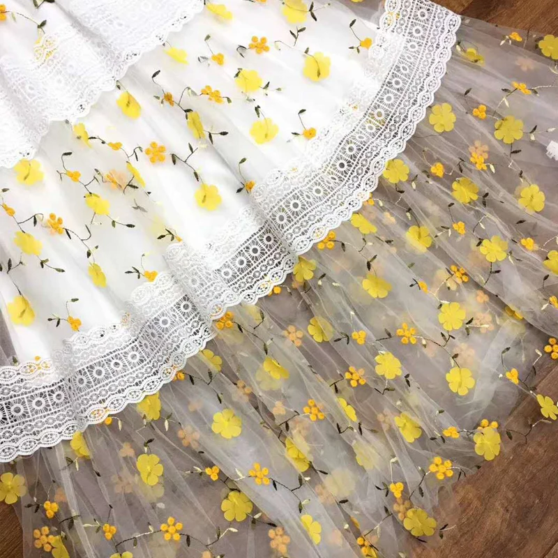 

AELESEEN Luxury Oversized Dress 2020 Spring Summer Lantern Sleeve Women Dress High Quality Yellow Flower Embroidery Party Dress