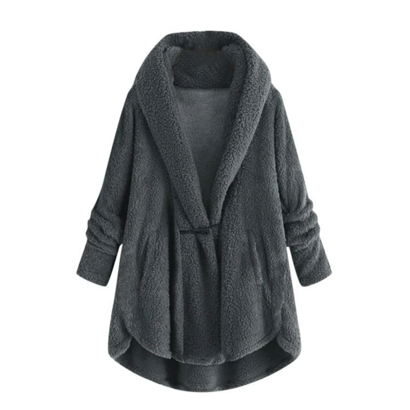 

Winter Casual Faux Fur Coat Women Plus Size Horn Button Plush Tops Hooded Loose Cardigan Wool Coat Winter Jacket