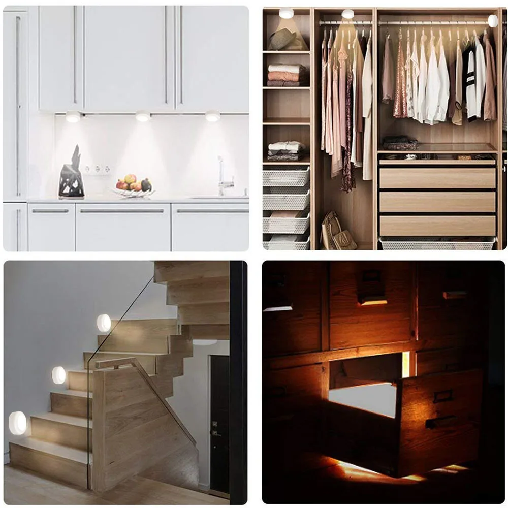 

Touch Sensor LED Under Cabinets Lights Dimmable LED Puck Light For Kitchen Wardrobe Stair Closet Night Lamp Battery Powered