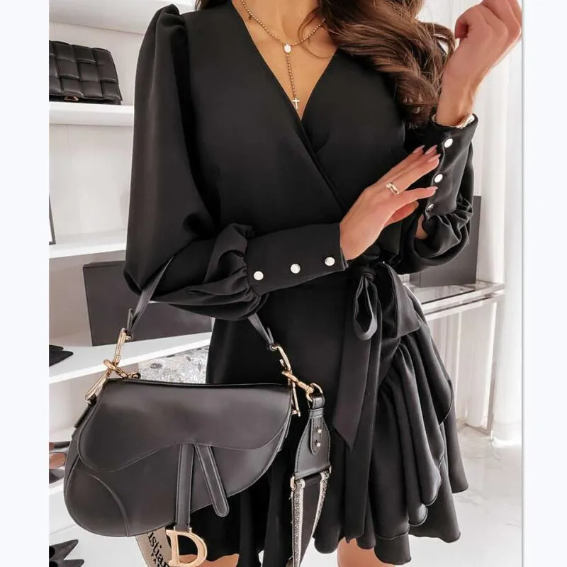 

Casual OL Print Women Dress 2020 Winter Fashion V-neck Lantern Sleeves Slim Ruffles Dress