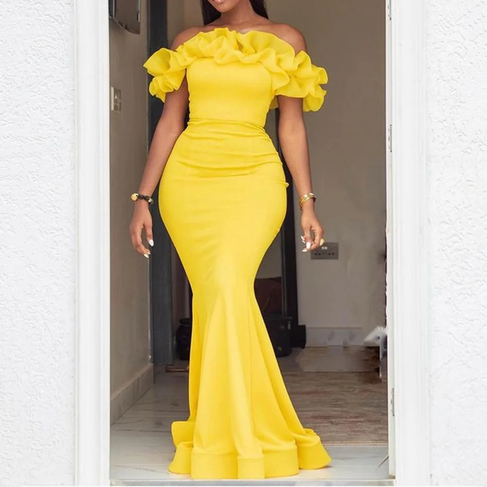 

Plus Size Sexy Evening Party Dress Women Brand Designer Summer 2021 Off Shoulder Ruffle Yellow Long Bodycon Dresses Floor-length