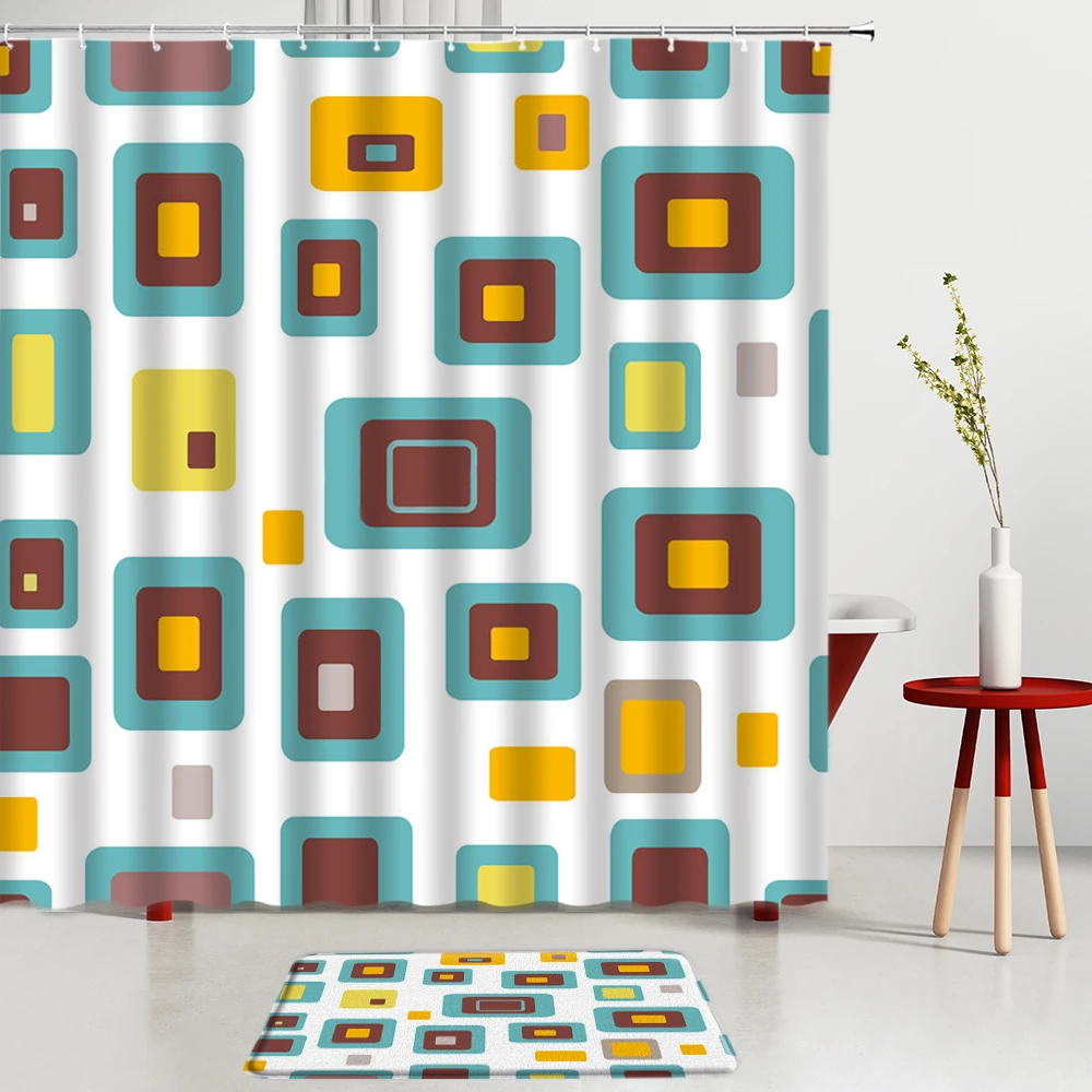 

Cartoon Geometry Shower Curtains Set Blue Simplicity Design Bath Mats Bathroom Rug Kitchen Room Decoration Bath Screens Carpet