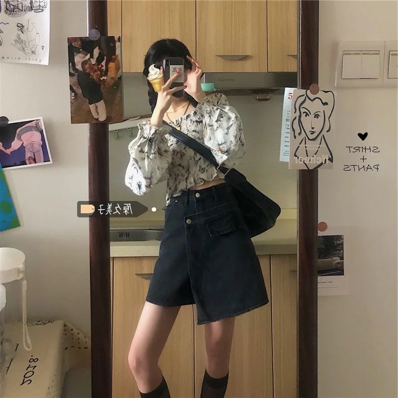 

Irregular A- line Denim Skirt for Women Summer 2021 New Small High Waist Slimming Short Hip Skirt Ins Style