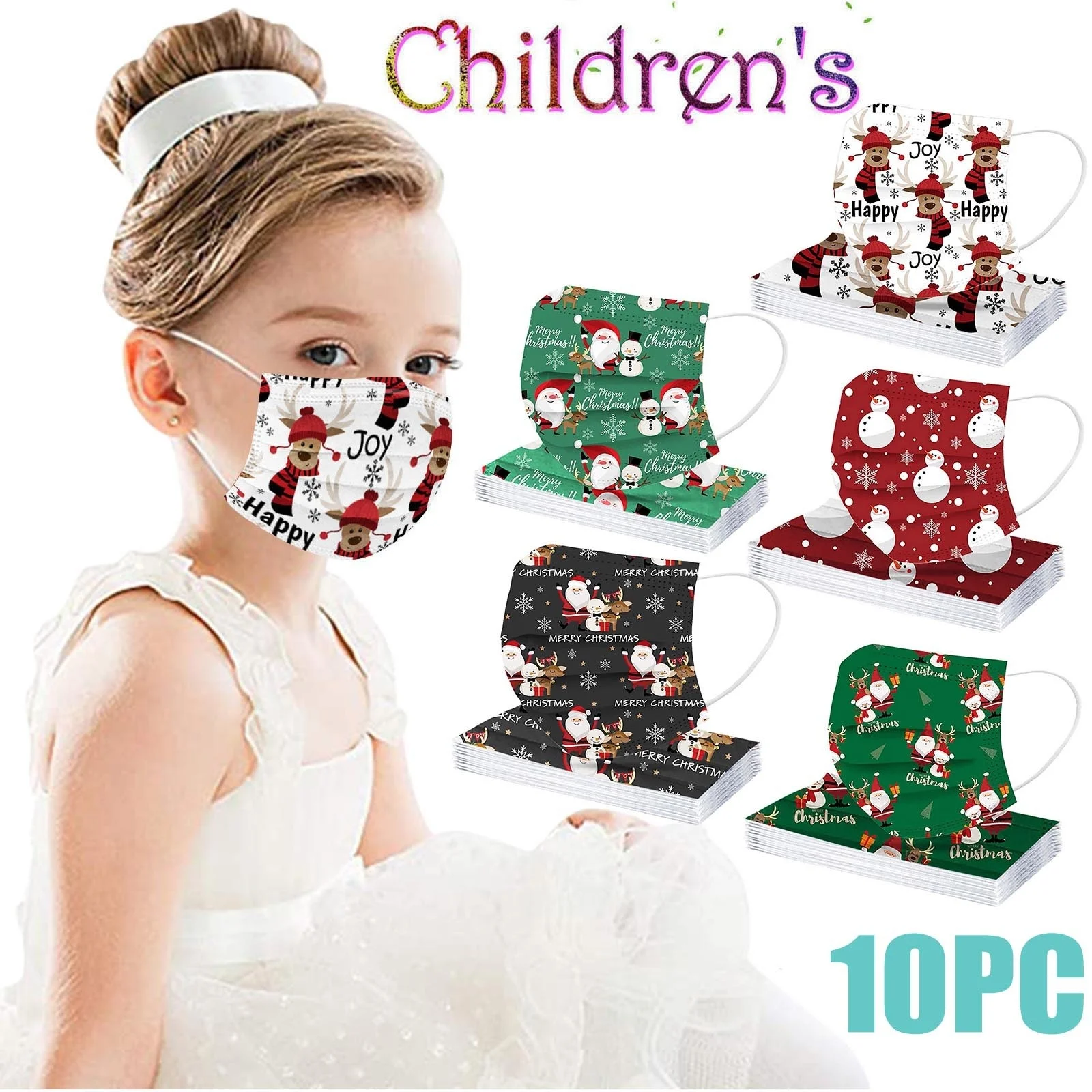 

10pc Kids Christmas Disposable Masks Unisex Printed Soft Face Cover 3-layer Child Dustproof Pm2.5 Masks Earloop Bandage Masks