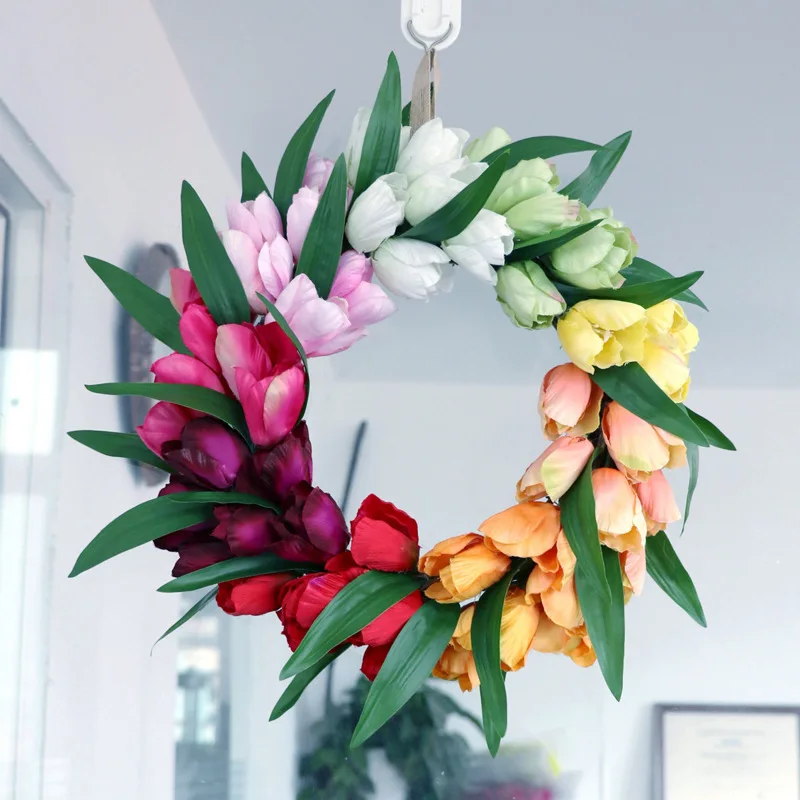

Colorful Tulip Wreath Wedding Decoration Nordic Home Door Decor Artificial Flora Garland Christams Outdoor Flowers T369