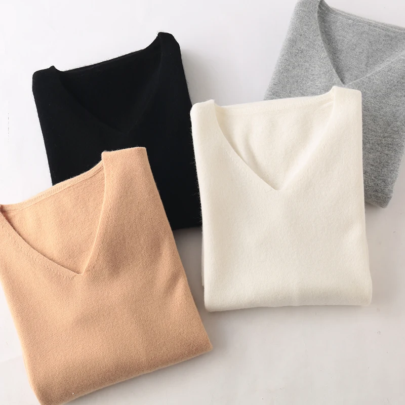 

MERRILAMB 2020 New Women's Real Wool Knit V-neck High Quality Soft Comfortable Loose Pure Color Dress 4 Colors Available