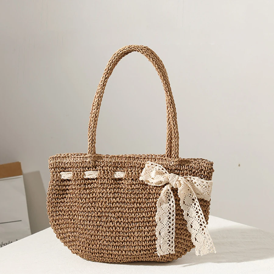

Fashion Lace Ribbon Weave Women Handbag Large Capacity Handmade Straw Bag Summer Bohemian Beach Bag Travel Vacation Shoulder Bag