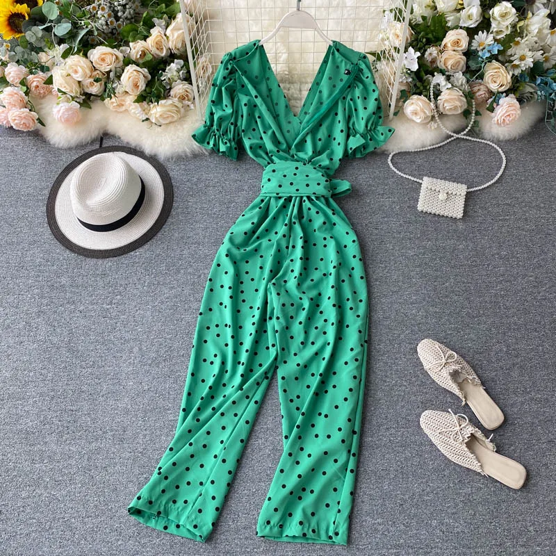 SINGRAIN Women Poka Dot Long Pant Jumpsuits Vintage Summer Streetwear Beach Overalls Bohemian Print Chiffon Wide Leg Rompers | Женская