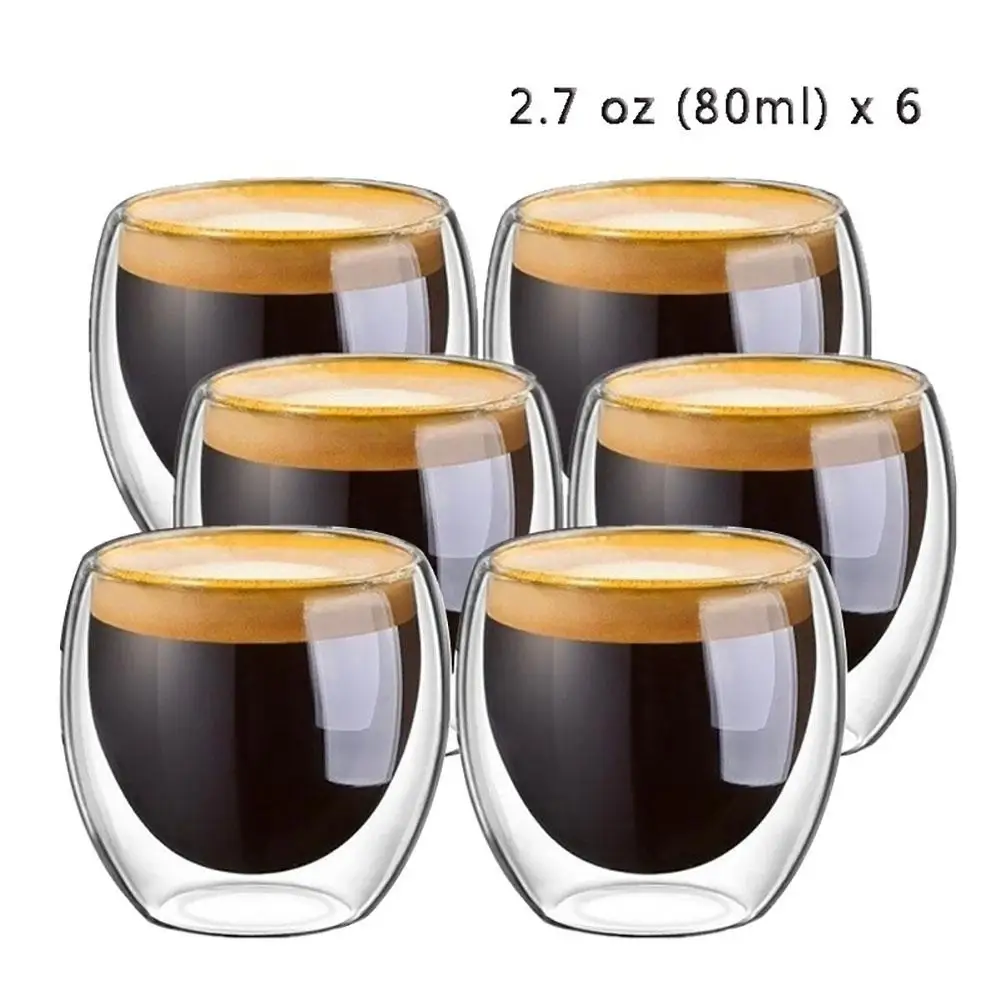 

6Pcs Multi-use 80ml 2.7oz Glass Double Walled Heat Insulated Tumbler Espresso Tea Cup with Double Wall Design