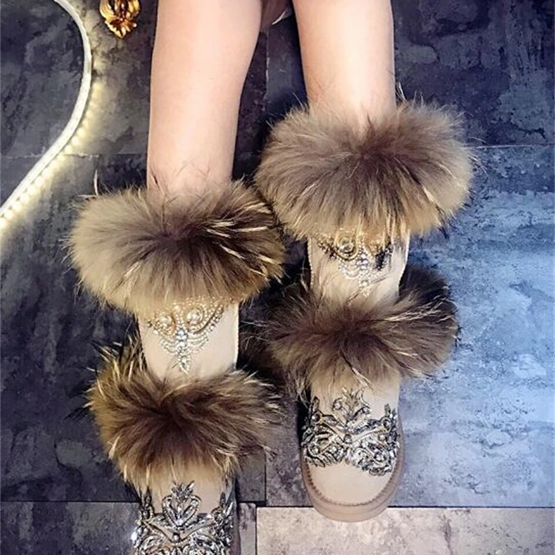 Warm home custom big fox fur crown jewel crystal handsome high tube leather European station snow boots star models | Обувь