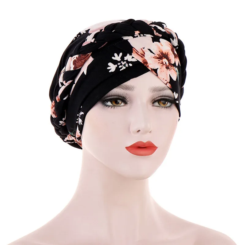 

Muslim Women Cross Silky Print Flower Braid Turban Hat Headscarf Cancer Chemo Beanie Cap Hijab Headwear Hair Accessories
