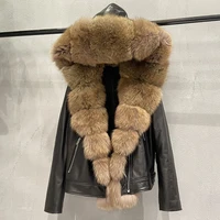2021 fashion women winter genuine leather jackets with fur hood real fox fur coats female thick warm natural fur jackets moto