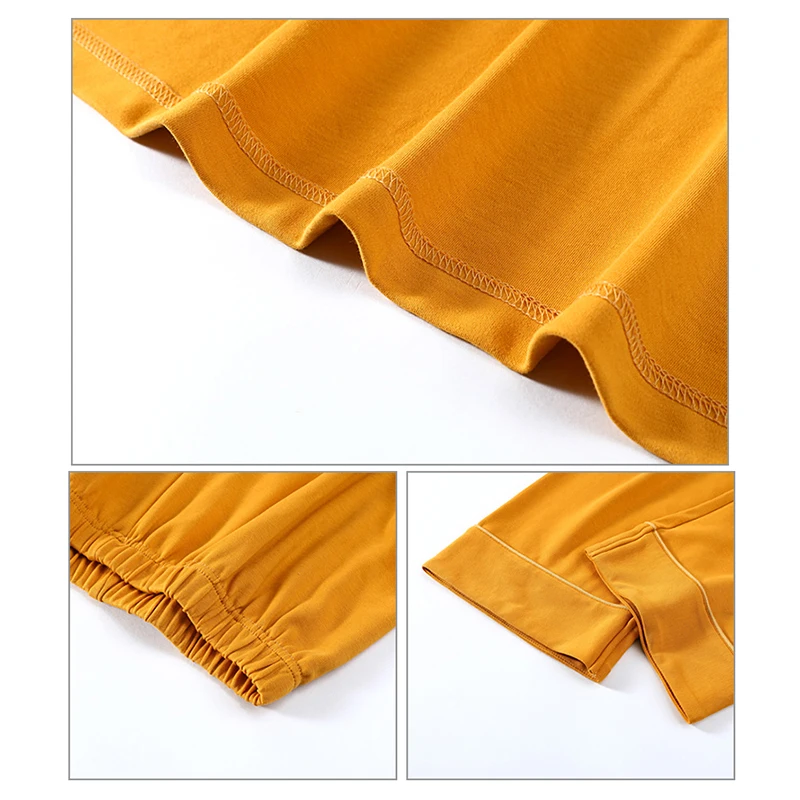 

2021 Spring Warm Yellow Pajama Sets for Women 100% Cotton PJS Korean Soft Sleepwear Spring Atoff Home Satin Silk Nightwear