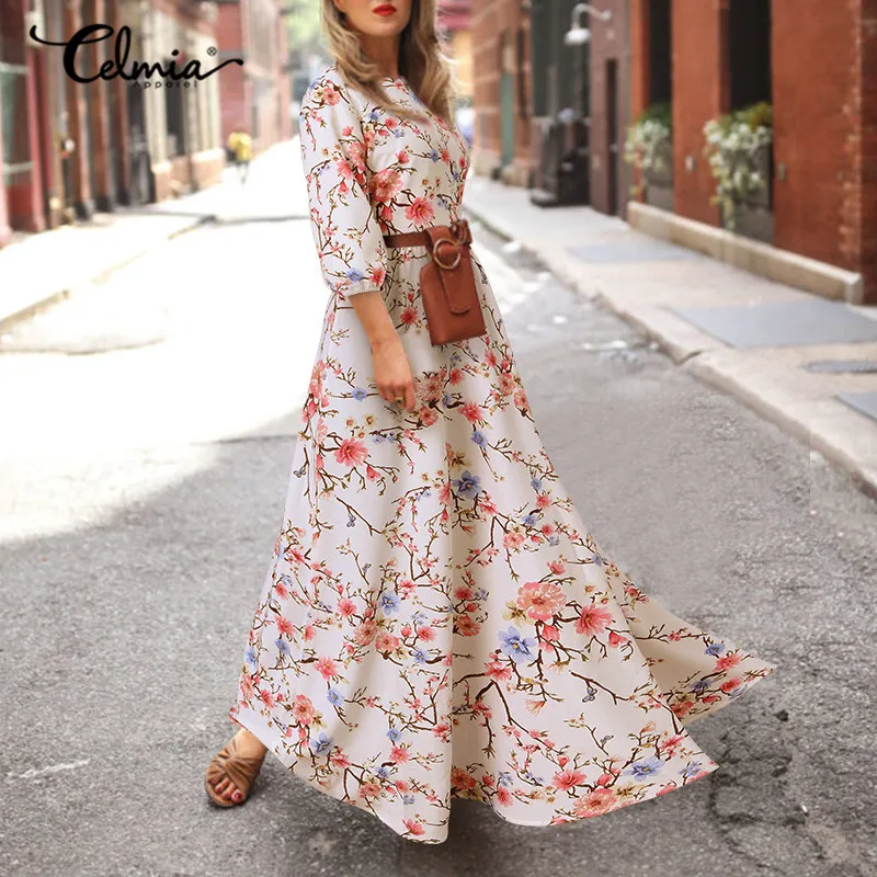 

Celmia Women Casual Loose O-neck Party Dress Fashion 3/4 Sleeve A-line Maxi Sundress Elegant Floral Printed Holiday Vestidos