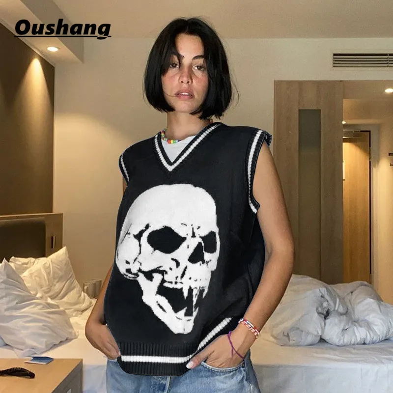 

Women Skulls Pullovers Y2K Printed Sweater V Neck Blue Knitwear Spring Autumn Streetwear Loose Streetwear Casual Knit Tops Hot