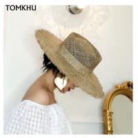 new women fray woven seagrass boater hat casual sun beach caps wide brim summer hat unisex straw hats for kentucky derby travel