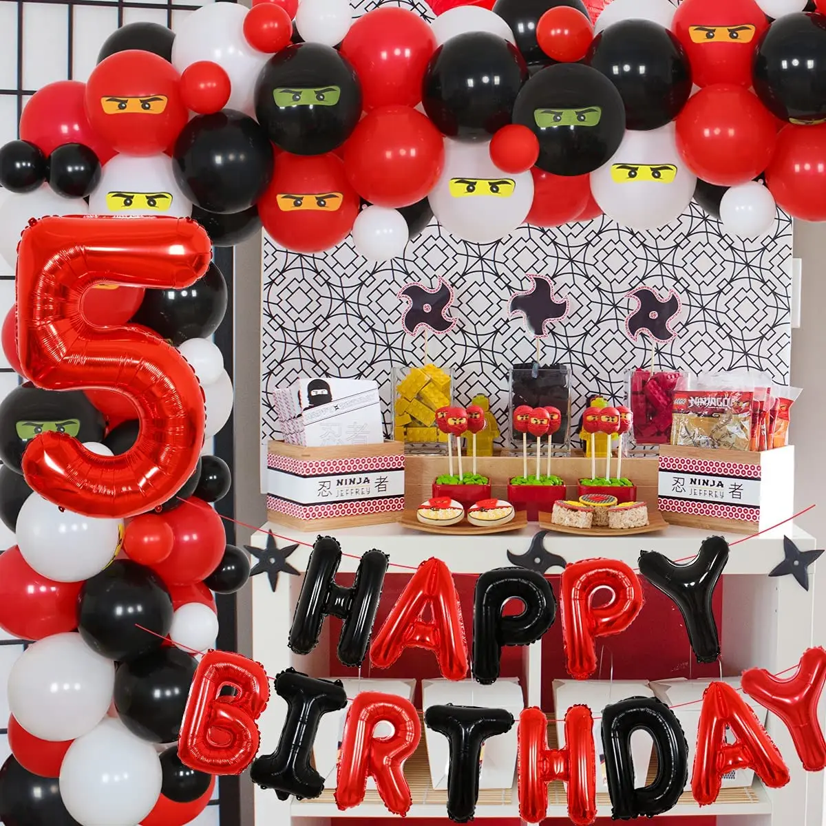 Ninja decoraciones de fiesta para ni&ntilde;os 5 suministros de fiesta de cumplea&ntilde;os de Ninja globo set de guirnaldas cartel de feliz cumplea&ntilde;os 5 globo de la hoja-1