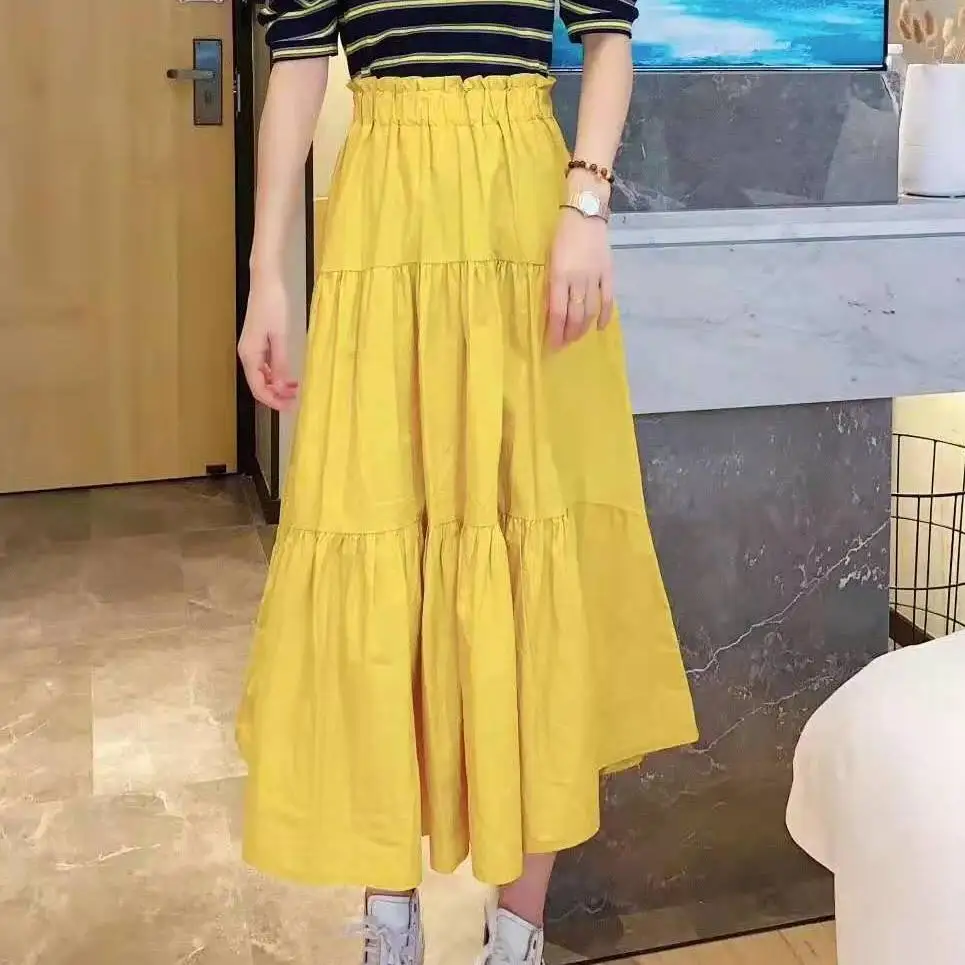 

2021 New Spring Korean Fashion Women Elastic High Waist A-line Skirts Simple Solid Vintage Pleated Long Skirts for Ladies Z243