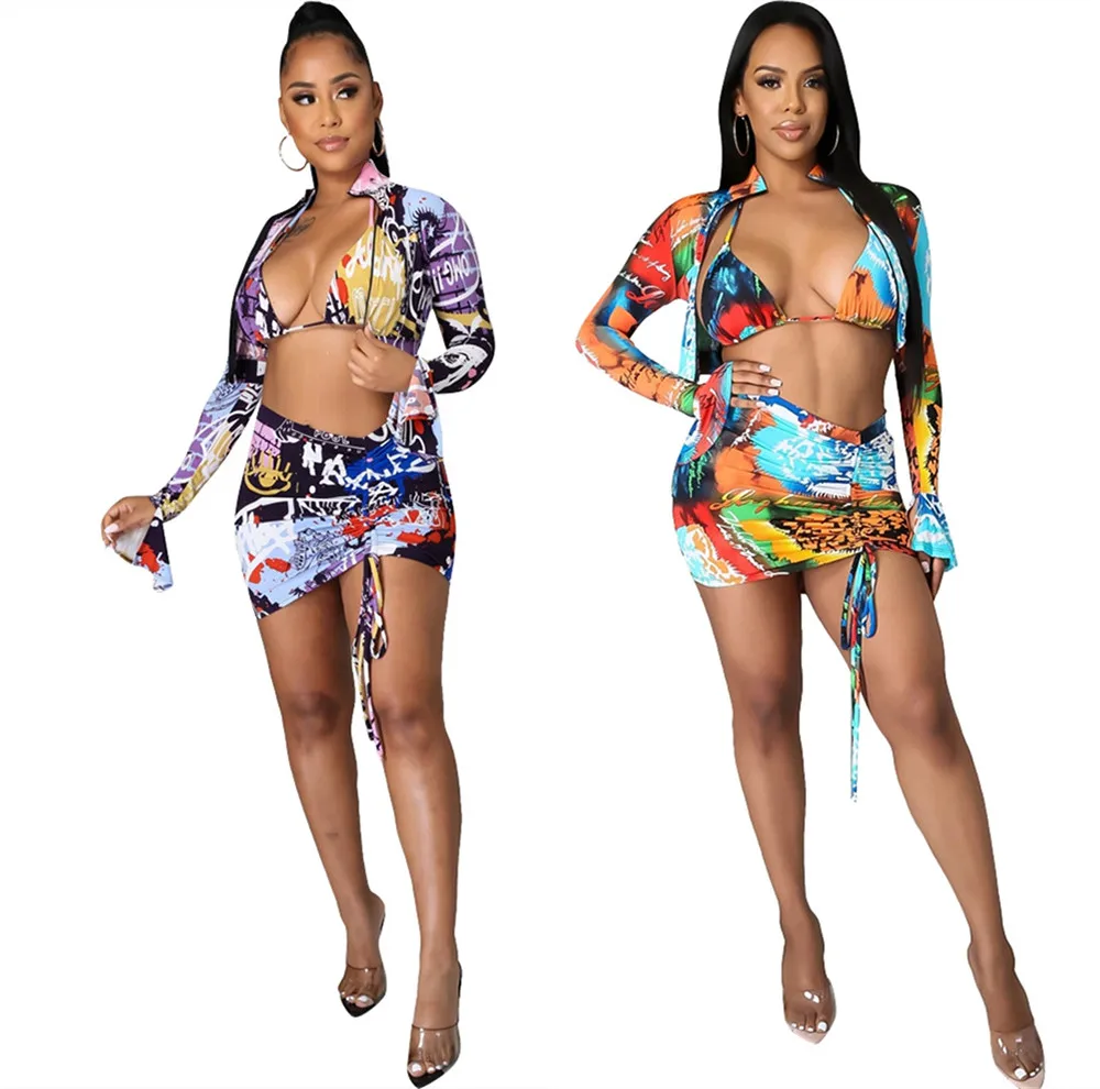 

Graffiti Printed Beachwear 4 Piece Matching Sets Women Summer Halter Bra Top+underpant+ruched Mini Skirt+flare Sleeve Jackets