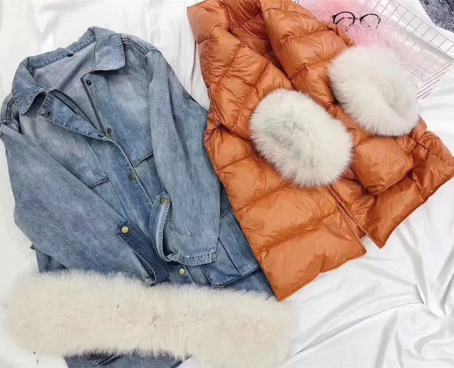 New Fashion Real Fox Fur Collar Coat Women Winter Jacket Detachable Duck Down Liner Denim Jacket Natural Fur Coat