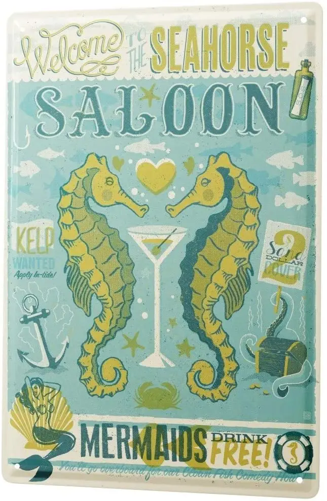 

SINCE 2004 Fun Tin Sign Metal Plate Decorative Sign Home Decor Plaques Wall Decoration Seahorse Saloon Metal Plate 8X12