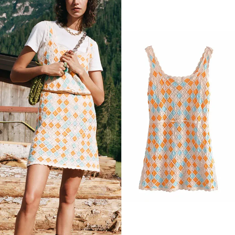 

Женское вязаное мини-платье без рукавов ZA, повседневное элегантное платье-трапеция с квадратным вырезом, вязаное крючком на пуговицах, лето...