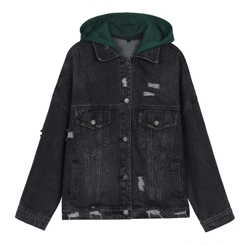 

Denim Jacket Women 2020 Autumn New Fashion Female Long Sleeve Single Breasted Hooded Ripped Embroidery Outerwear Denim Jacket