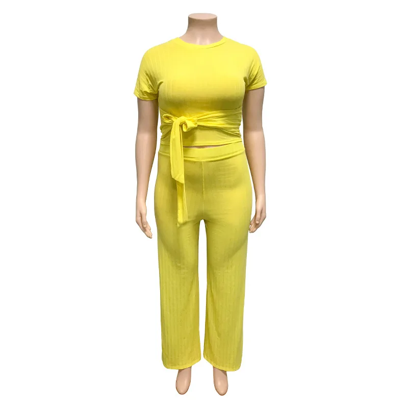 Повседневный Женский комплект размера плюс футболка с поясом и строгие штаны из 2