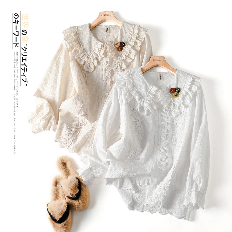 Новая Осенняя хлопковая рубашка в японском стиле с вышивкой Свободная Женская