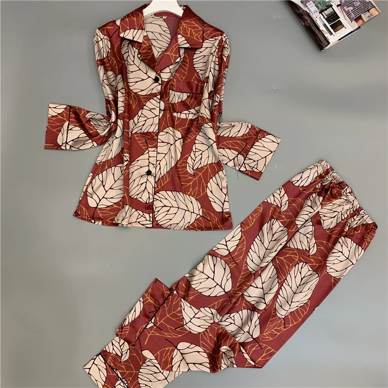 Женский пижамный комплект из двух предметов шелковая пижама с длинным рукавом и