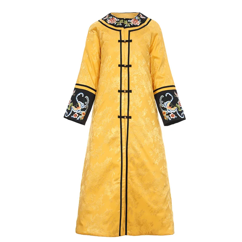 

Top Quality New 2021 Winter Long Parka Women Vintage Jacquard Print Embroidery Single Breasted Yellow Pink Parka Outerwear Coats