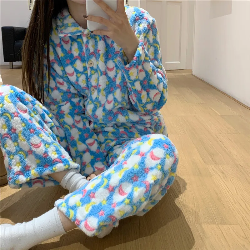 

Winter Cartoon Kawaii Pajamas Soft Warm Flannel Moon Stars Pajama for Pyjamas Women Girl Thickened Plush Coral Velvet Sleepwear
