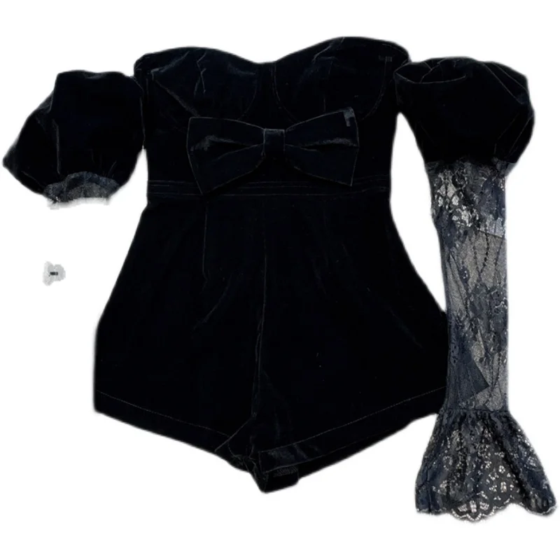 DEAT женский топ без пятки с кружевным рукавом золотые бархатные костюмы круглый