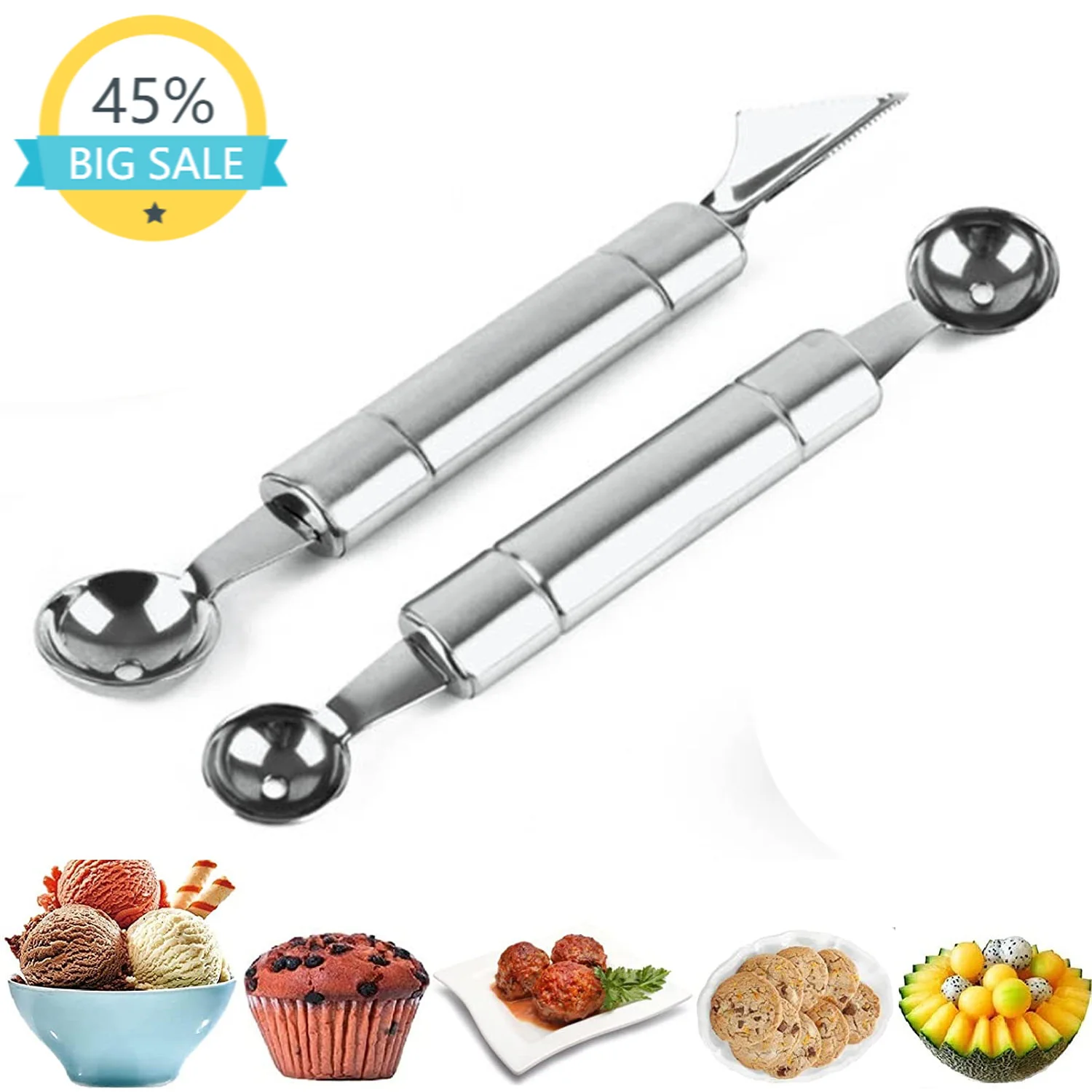 

Portable Stainless Steel Ice Cream Scoop with Dual-Purpose Fruit Carving Knife Cookie Spoon for Frozen Fruits Melon Ball