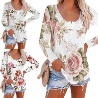 women t shirt floral print long sleeve autumn loose round neck buttons t shirt pullover top for party