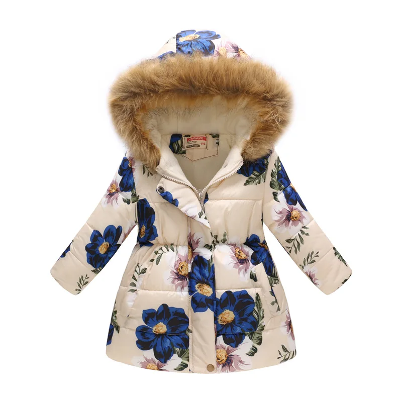 

3-10 Years Girls Jacket Winter Heavy Thick Resist The Severe Cold Hooded Coat For Girl Fur collar Velvet Flower kids Outerwear