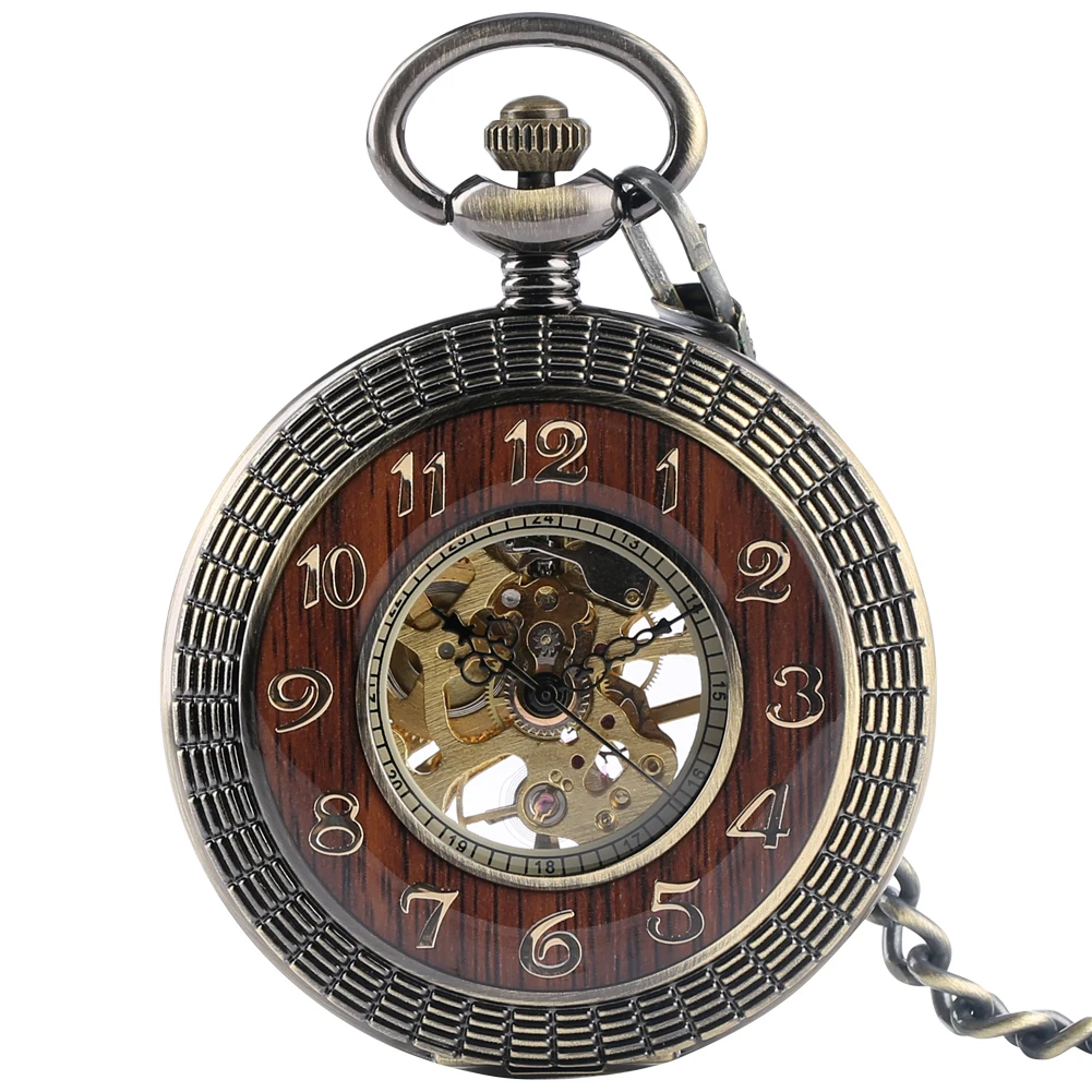 Luxury Wood Bronze Mechanical Hand Winding Pocket Watch Roman Numerals Display Dial Half Hunter Manual Pocket Pendant Clock
