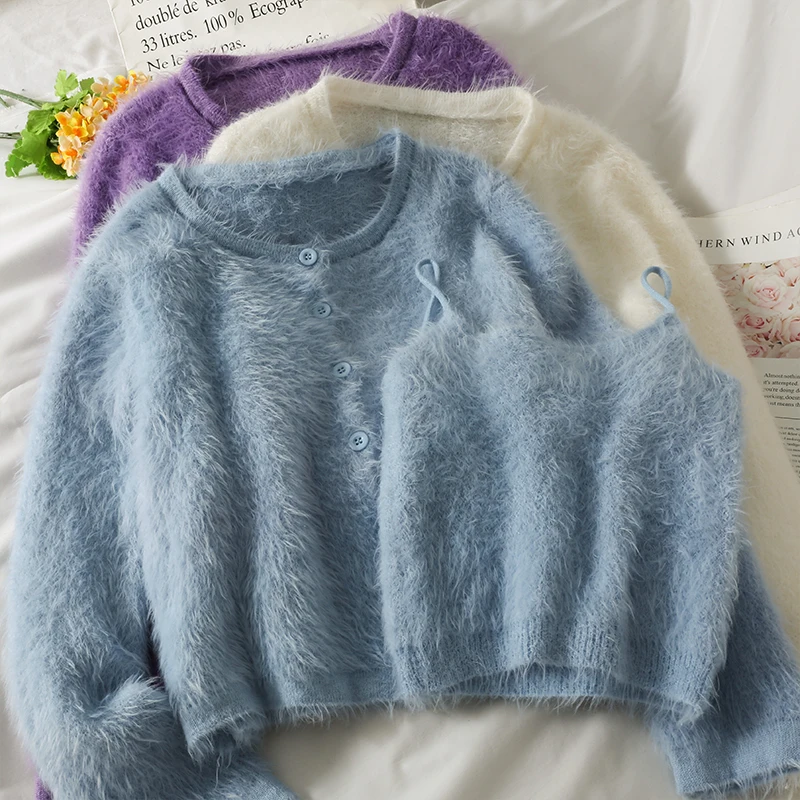 Женский укороченный кардиган повседневный черный вязаный комплект из двух