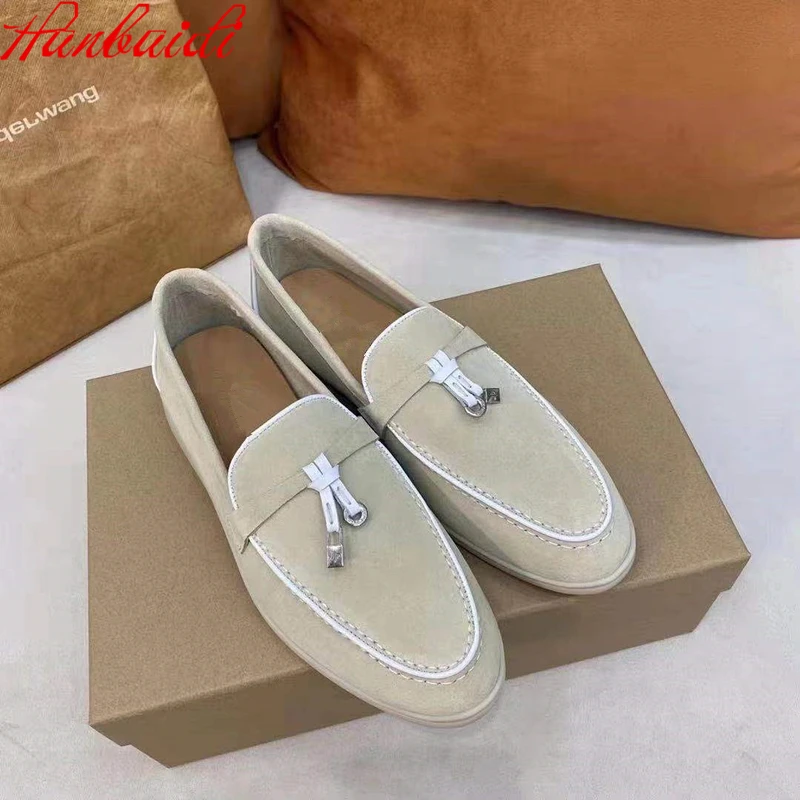 

Hot Sale Kidsuede Women Flat Shoes Hanged Metal Loafers Ladies Shoes Woman Slip-on Casual Walk Shoes For Women Runway Party Shoe