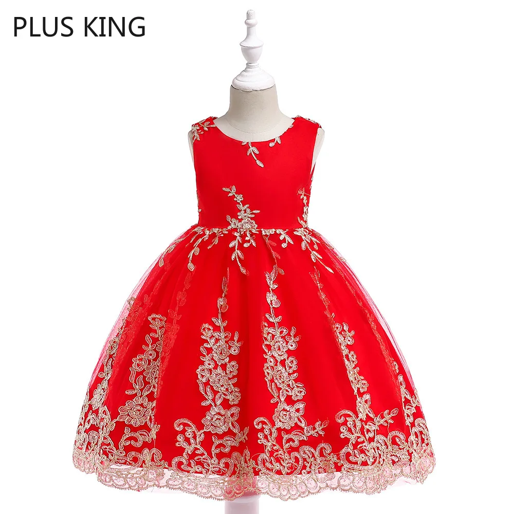 

Euro and America Summer Girls Dress Gold Wire Embroidery Bownot Flower Girl Dresses Formal Red 5 Choose