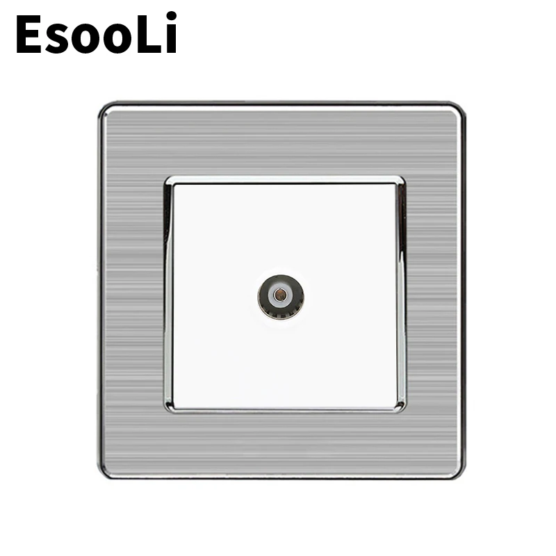 Esooli White 1 Gang Female TV Connector Luxury Wall Socket Outlet Stainless Steel Brushed Silver Frame Panel 86mm*86mm