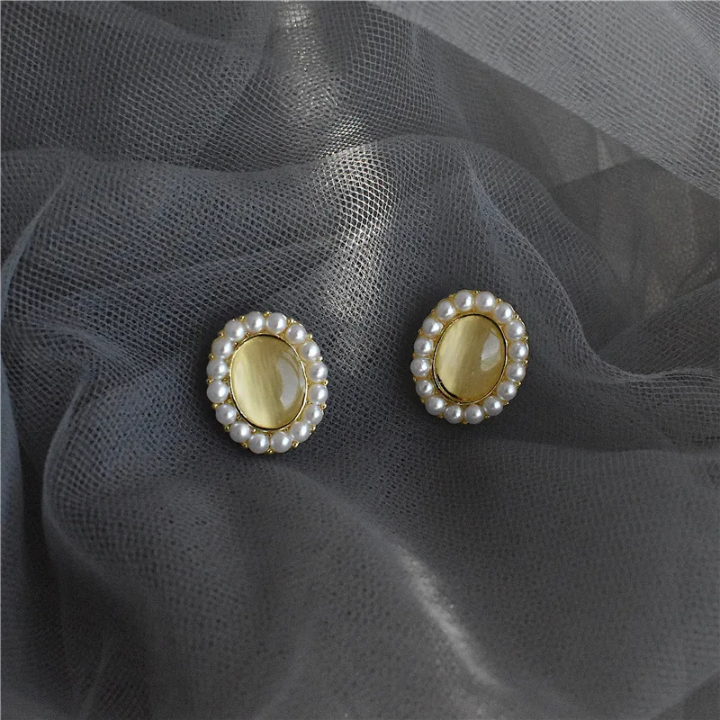 Женские винтажные серьги с опалом и жемчугом корейский камень кошачий глаз