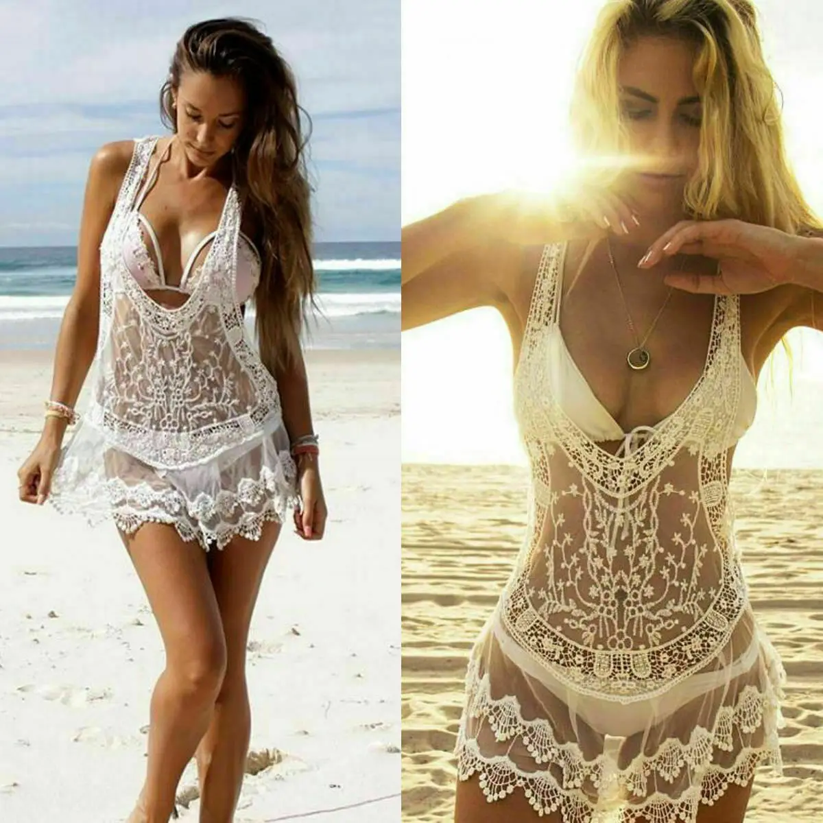 

Womens Summer See-through Lace Sheer Deep V neck Beach Bikini Cover Up Kaftan Lace Crochet Kimono Dress Long Tops