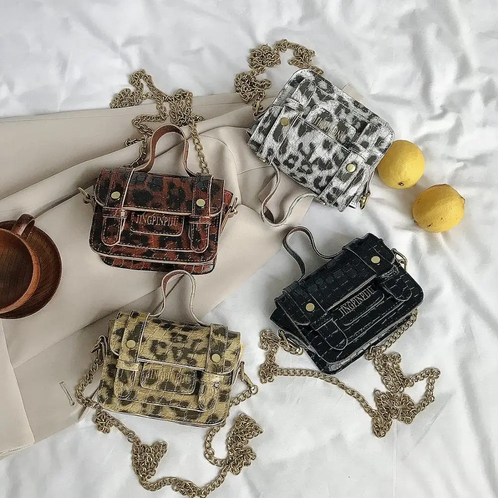 

Women Small Square Crossbody Bags Leopard Print PU Leather Mini Flap Handbag Ladies Single Chain Sling Shoulder Bag Purses
