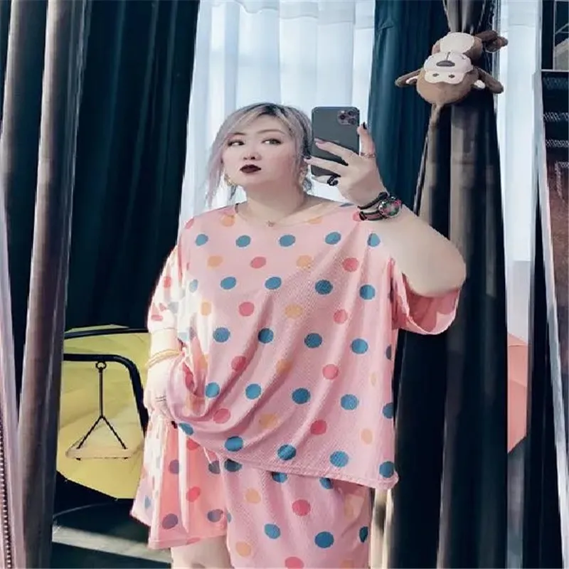

2021 Summer L-4XL Thin Pajamas Set For Women 2 Piece /Sets Short Sleeve Tops+Shorts Fat Person Sleepwear Loose Female Homewear