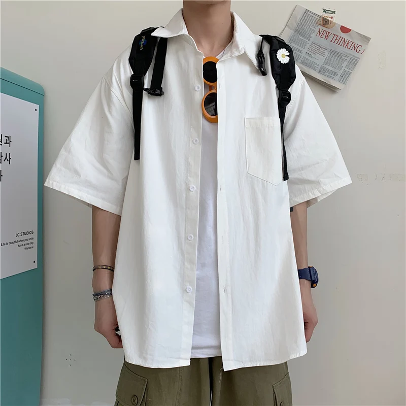 

Summer Solid Color Shirt Men Korean Fashion Loose Business Casual Shirt Men Harajuku Streetwear Tooling Short Sleeve Shirt Men